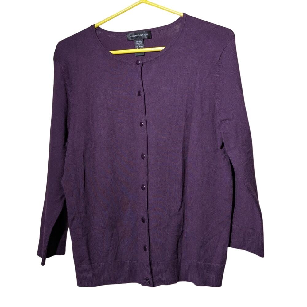 Cable & Gauge Purple 3/4 Sleeve Cardigan Ribbed Hem Sweater Womens Sz XL